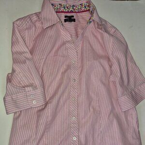 Talbots Pink Striped Button Down Shirt Size 4 Non Iron Floral spring Trim pastel